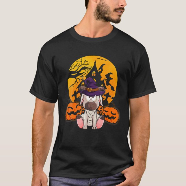 Cute Goat Pumpkin Witch Hat Funny Halloween Costum T Shirt (Framsida)