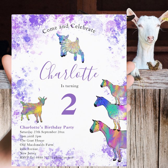 Cute Goats Farm Animal 2:a födelsedagen Party Inbjudan Vykort (Cute goats farm animal 2nd birthday party invitation postcard colorful watercolor animal art)