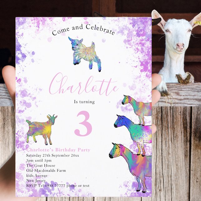 Cute Goats Farm Animal 3:e födelsedag Party Inbjudan Vykort (Cute goats farm animal 3rd birthday party budget invitation postcard colorful watercolor animal art)