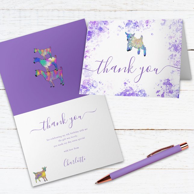 Cute Goats Farm Birthday Party Tack Kort (Colorful Watercolor goat farm theme kids birthday party thank you card)