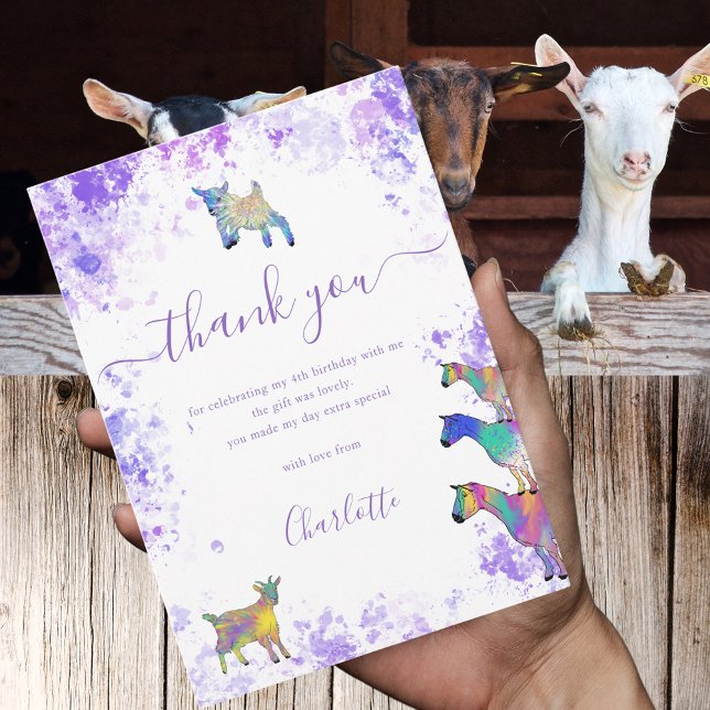 Cute Goats Farm Födelsedagsfest Tack Kort (Colorful watercolor Goat farm themed 4th birthday party thank you card)