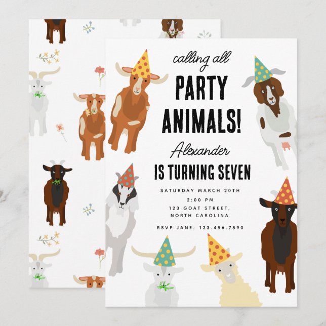 Cute Goats Farm Party Animals Goat Birthday Tema Inbjudningar (Fram/baksida)