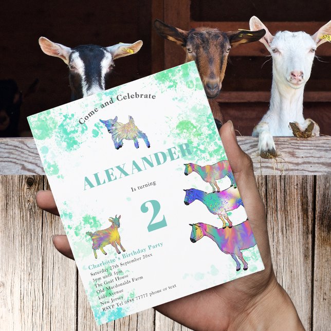 Cute Goats Watercolor 2:e födelsedag Party budget (Cute goats colorful farm animal watercolor art 2nd birthday party budget invitation)