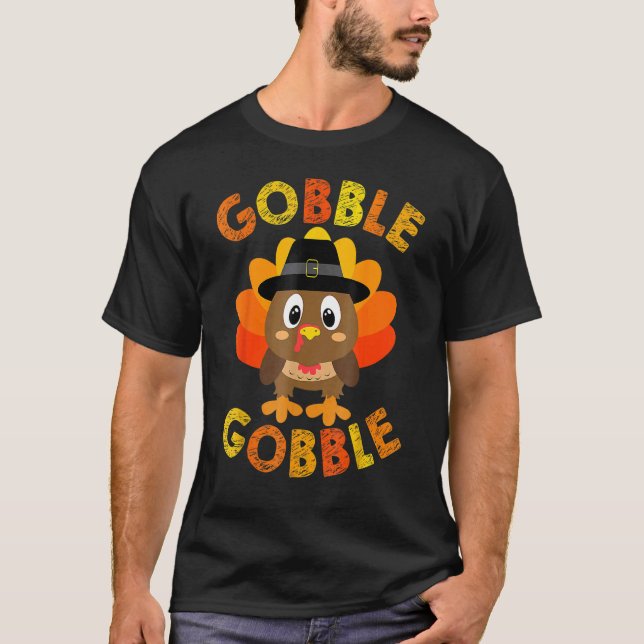 Cute Gobble Gobble Turkey Pilgrim Little Boys Than T Shirt (Framsida)