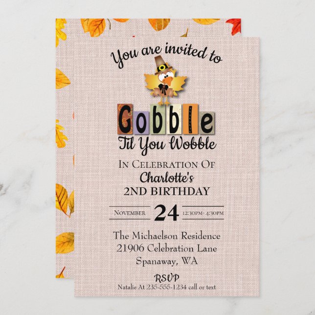 Cute Gobble Til You Wobble Birthday Inbjudningar (Fram/baksida)