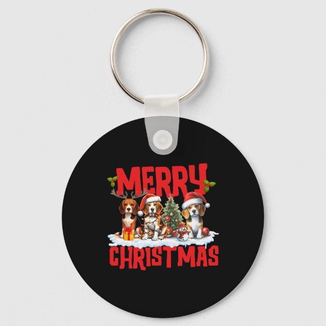 Cute God jul Beagle Hund Santa Hat Reindeer Nyckelring (Framsida)