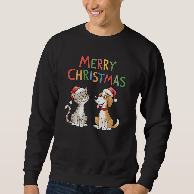 Cute God jul Cat och Hund Manar Lång Ärmad Tröja (Framsida)