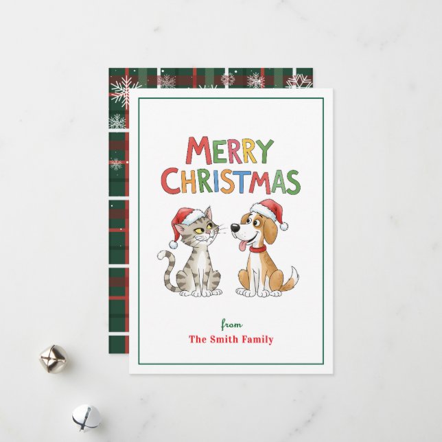 Cute God jul Cat och Hund med Santa Hats Julkort (Fram/Back In Situ)