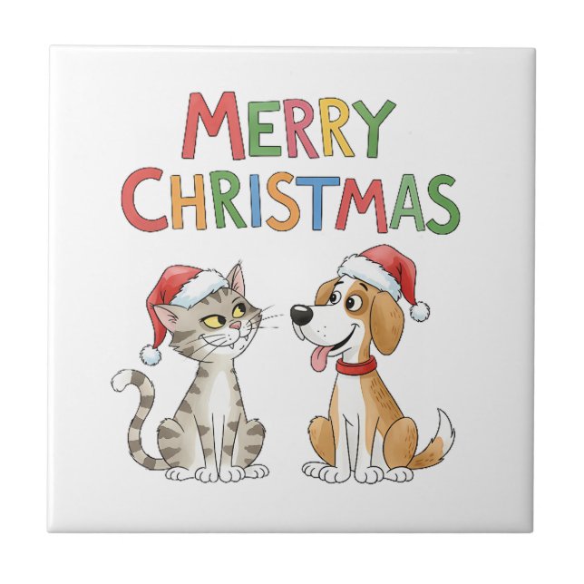 Cute God jul Cat och Hund med Santa Hats Kakelplatta (Framsidan)