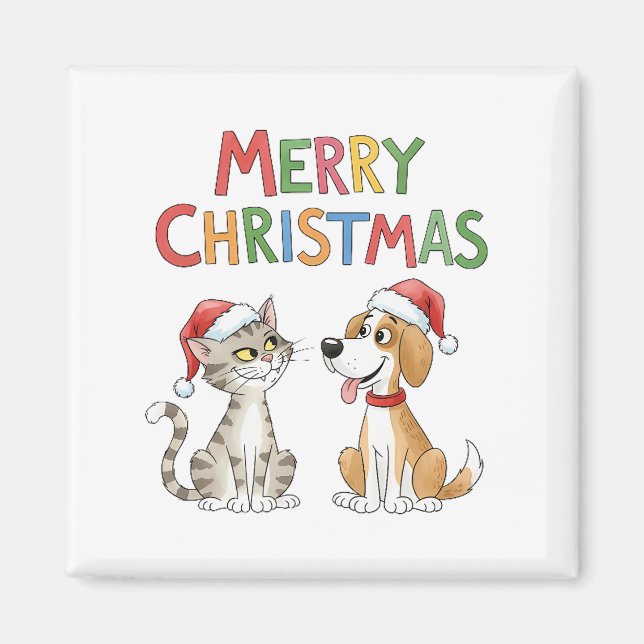 Cute God jul Cat och Hund med Santa Hats Magnet (Framsidan)