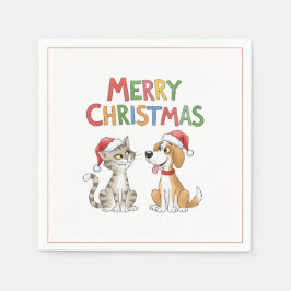 Cute God jul Cat och Hund med Santa Hats Pappersservett