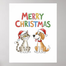 Cute God jul Cat och Hund med Santa Hats