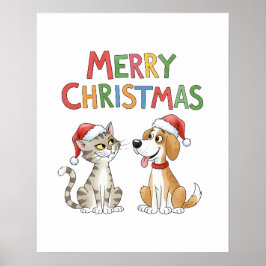 Cute God jul Cat och Hund med Santa Hats Poster