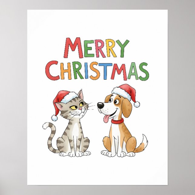 Cute God jul Cat och Hund med Santa Hats Poster (Framsidan)