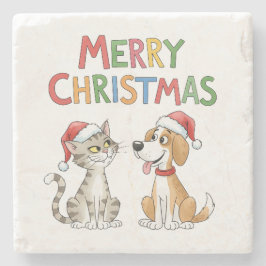 Cute God jul Cat och Hund med Santa Hats Stenunderlägg