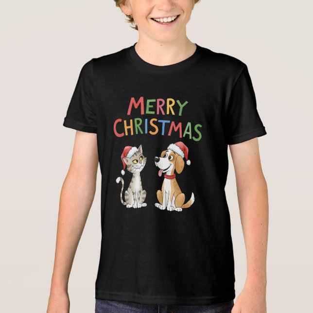 Cute God jul Cat och Hund med Santa Hats T Shirt (Framsida)