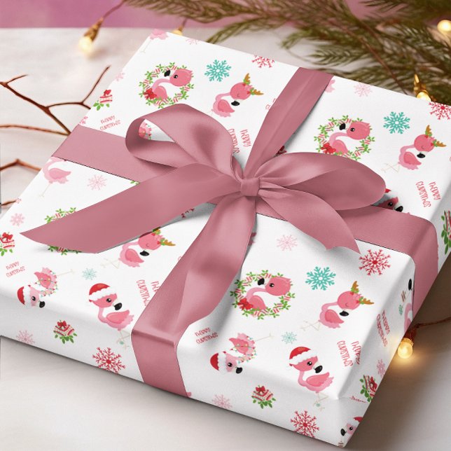 Cute God jul Flamingo Snowflake Presentpapper (Cute Merry Christmas Flamingo Snowflake Wrapping Paper)