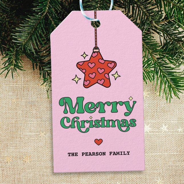 Cute God jul Heart Mönster Star Ornament Presentetikett (cute retro sparkly red star ornament with hearts merry christmas gift tag)