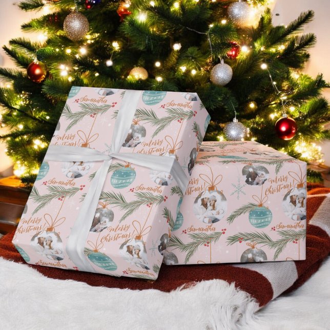 Cute god jul illustration av namn 2-foton presentpapper (Cute merry Christmas illustration name 2 photos Wrapping Paper)