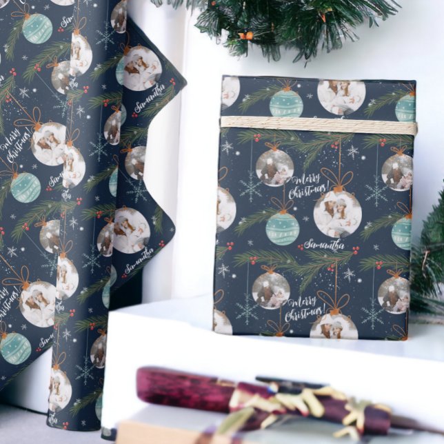 Cute god jul illustration av namn 2-foton presentpapper (Cute merry Christmas illustration name 2 photos Wrapping Paper)