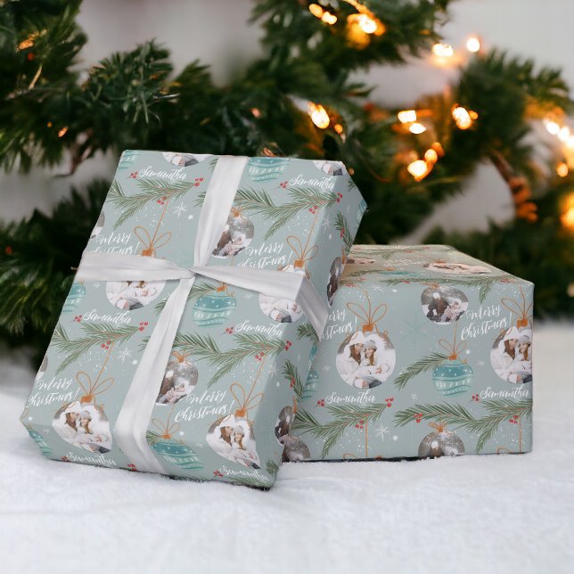 Cute god jul illustration av namn 2-foton presentpapper (Cute merry Christmas illustration name 2 photos Wrapping Pape)