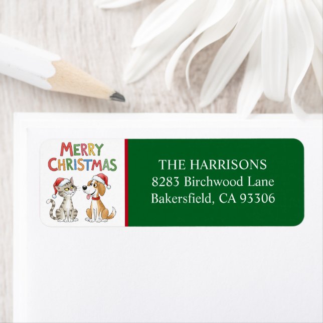 Cute God jul Katt och Hund Returadress Etikett (Insitu)
