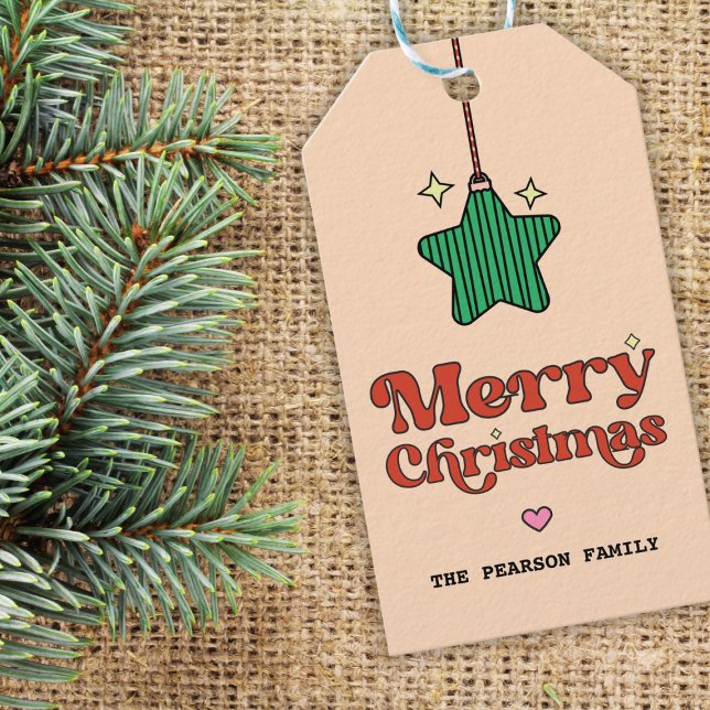 Cute God jul Line Mönster Star Ornament Presentetikett (cute retro sparkly green star ornament merry christmas gift tag)