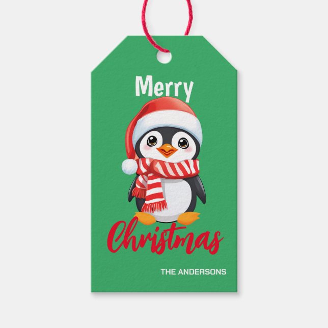 Cute god jul Mamma Kid penguin Santa Scarf Presentetikett (Framsidan)