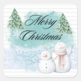 Cute God jul med Snögubbe Julgran Fyrkantigt Klistermärke