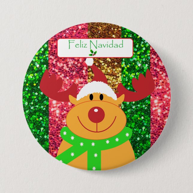 Cute God jul Moose Button "Feliz Navidad" Knapp (Framsida)