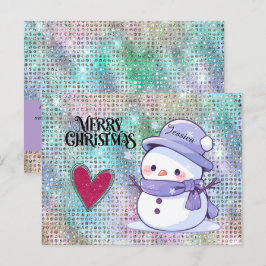 Cute God jul Pastel Snögubbe Glitter Heart Vykort
