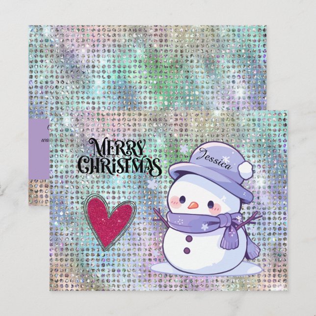 Cute God jul Pastel Snögubbe Glitter Heart Vykort (Fram/baksida)