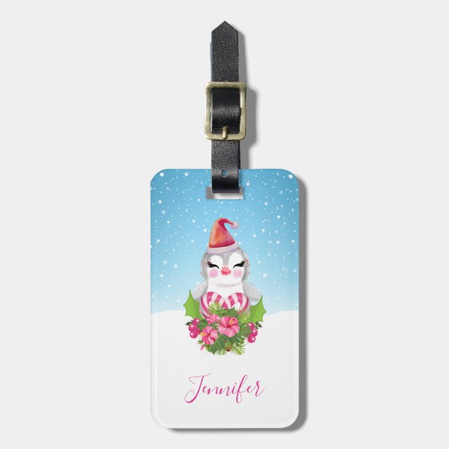 Cute God Jul Penguin i Santa Hat Bagagebricka (Vertikal Framsida)