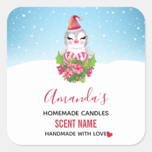 Cute God Jul Penguin i Santa Hat Candle Fyrkantigt Klistermärke