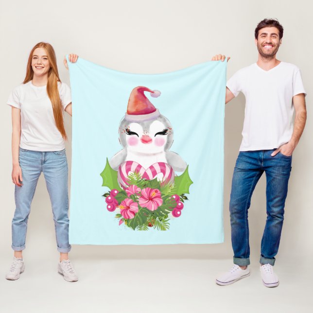 Cute God Jul Penguin i Santa Hat Fleecefilt (På plats)