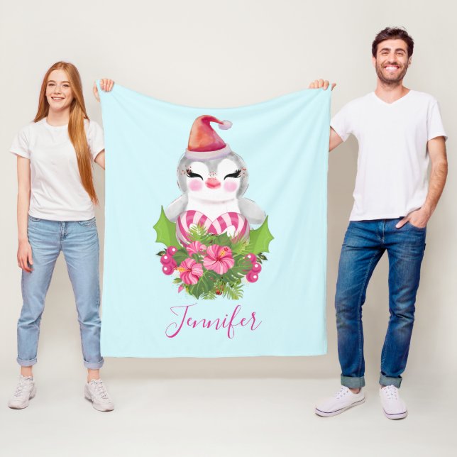 Cute God Jul Penguin i Santa Hat Fleecefilt (På plats)