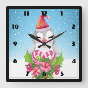 Cute God Jul Penguin i Santa Hat Fyrkantig Klocka