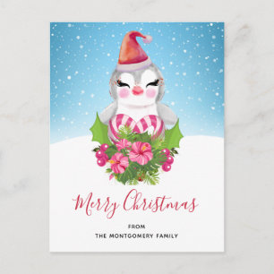 Cute God Jul Penguin i Santa Hat-Helgdag Helg Vykort