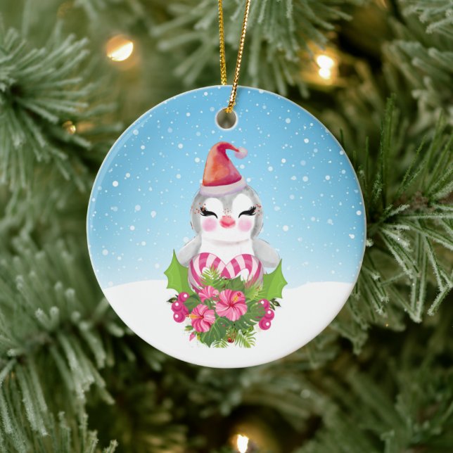 Cute God Jul Penguin i Santa Hat Julgransprydnad Keramik (Träd)