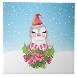 Cute God Jul Penguin i Santa Hat Kakelplatta