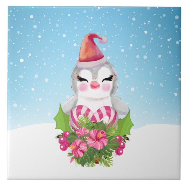 Cute God Jul Penguin i Santa Hat Kakelplatta (Framsidan)