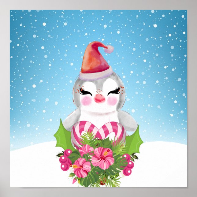 Cute God Jul Penguin i Santa Hat Poster (Framsidan)