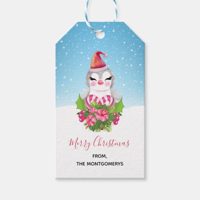 Cute God Jul Penguin i Santa Hat Presentetikett (Framsidan)