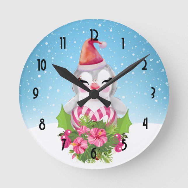 Cute God Jul Penguin i Santa Hat Rund Klocka (Framsida)