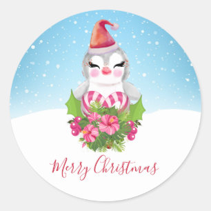 Cute God Jul Penguin i Santa Hat Runt Klistermärke