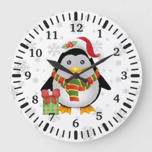 Cute God Jul Penguin med nuvarande läge Stor Klocka