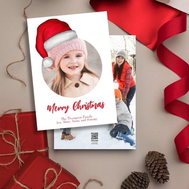 Cute God jul Photo Santa Hat Julkort (Merry Christmas cute whimsical photo greeting card with a double photo template. )