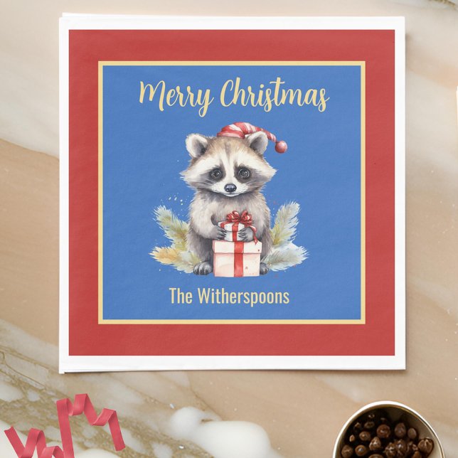 Cute God jul Raccoon w Santa Hat Wildlife Pappersservett (Skapare uppladdad)
