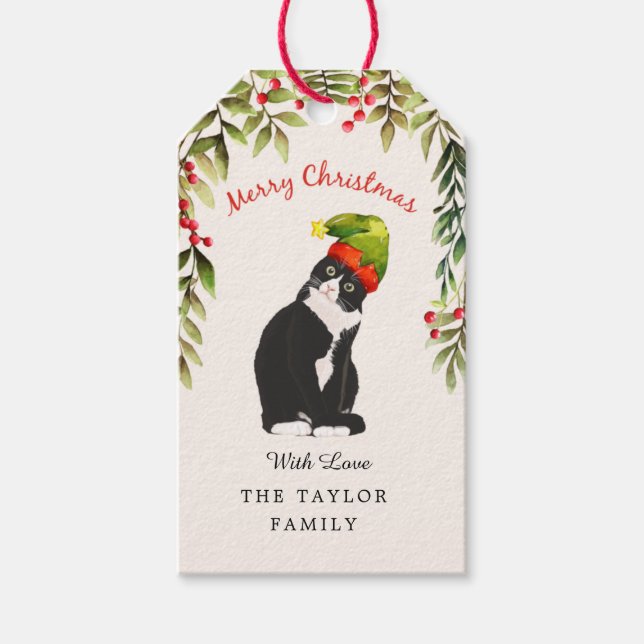 Cute God jul Red Berries Black Cat Lovers Presentetikett (Framsidan)