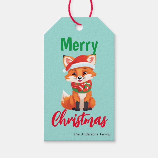 Cute god jul Red Fox Santa Scarf helgdag Presentetikett (Framsidan)